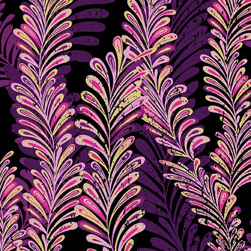 Jeweled Ferns in Black/Berry from Butterfly Jewel by Kanvas Studios of Benartex Fabrics