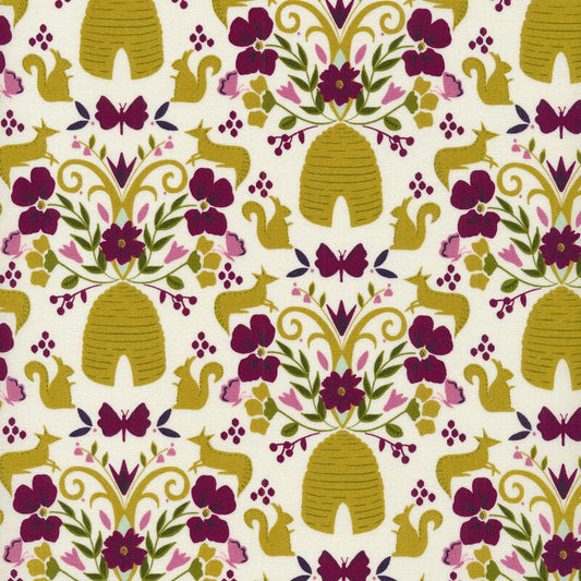 Flora and Fauna Damask in Porcelain from Wild Meadow by Sweetfire Road for Moda Fabrics