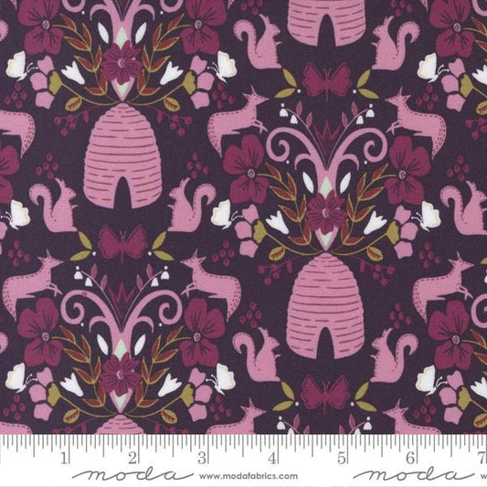 Flora and Fauna Damask in Prune from Wild Meadow by Sweetfire Road for Moda Fabrics