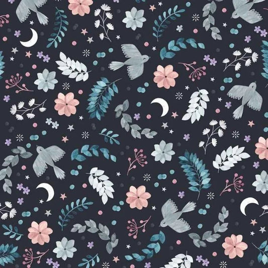 Nightfall Love Bird and Floral Quilting Cotton by Sarah Knight for Dashwood Studio