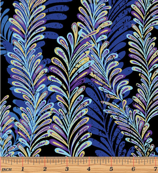 Jeweled Ferns in Black/Royal from Butterfly Jewel by Kanvas Studio for Benartex Fabrics