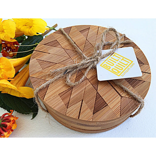 Ruby Roads Quilt Block Round Bamboo Wood Coasters- Set of 4