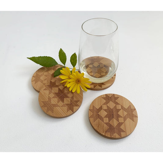 Stars and Cubes Quilt Pattern Bamboo Wood Coasters- Set of 4